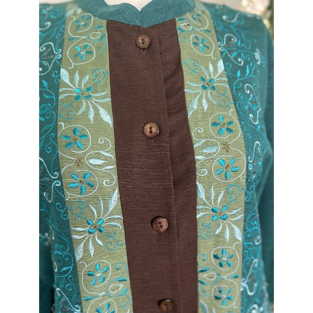 Erin London Womens L Silk Button Down Embroidered‎ Jacket Blazer Green Vintage - Picture 10 of 16